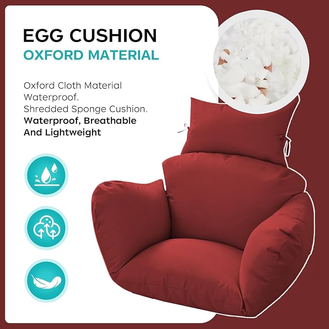 Egg Chair Cushion Replacement, Waterproof Thicken Hanging Egg Swing Chair Cushion for Outdoor Furniture, Wicker Rattan Hammock Basket Cushion with Headrest Pillow 47x31.5x4.7 inch(Red)