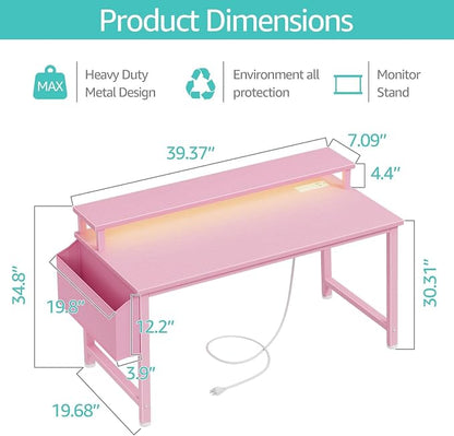 Lufeiya Girls Desk with Power Outlets and LED Lights, 40 Inch Gaming Desk Table with Charging Station, Home Office Computer Desks with Monitor, Pink