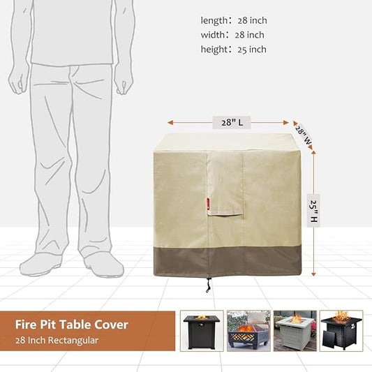 SheeChung Fire Pit Cover Square 28" L x 28" W x 25" H,Waterproof 600D Heavy Duty Outdoor Fire Pit Table Cover, Fits 24-28 Inch Square Fireplace,Gas Fire Pit Cover,Beige
