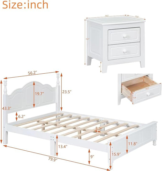 Harper & Bright Designs Bedroom Set Furniture, 3-Pieces Bedroom Sets, Full Size Wood Platform Bed and 2 Nightstands, White
