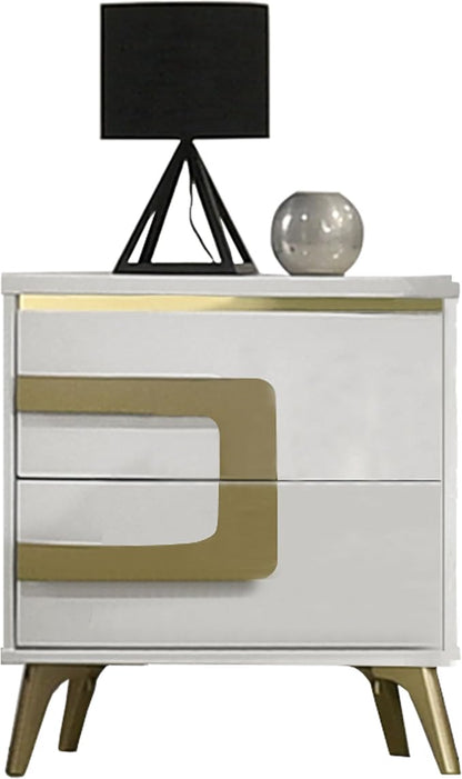 Kings Brand Furniture Claire 4-Piece Modern & Stylish Bedroom Set in White/Gold Finish - Bed Frame with LED Headboard, Dresser, Mirror and Nightstand (Queen)