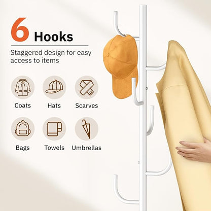 MISSLO Heavy Duty Coat Rack Freestanding 4 Adjustable Size Coat Tree with Stable Wood Base Coat Hanger Stand with 6 Hooks Standing Clothes Tree for Bedroom, White