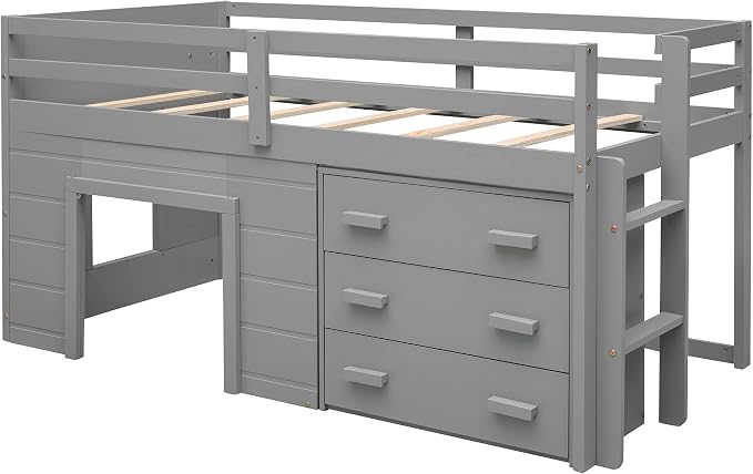 Bellemave Twin Size Low loft Bed for Kids,Wood Modern Farmhouse Twin Loft Bed with and Drawer Storage, No Box Spring Needed, Gray