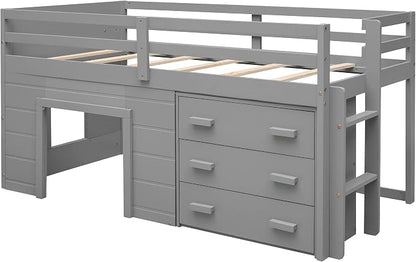Bellemave Twin Size Low loft Bed for Kids,Wood Modern Farmhouse Twin Loft Bed with and Drawer Storage, No Box Spring Needed, Gray