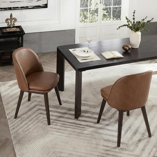 KISLOT Wooden Dining Chairs Set of 2, Faux Leather Upholstered Modern Dining Room Chairs with Double-Layer Thick Seat Cushion & Ergonomic Backrest for Restaurant, Kitchen and Café, Brown