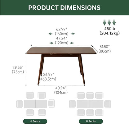47’’-63’’ 100% Oak Extendable Dining Table, Solid Wood Folding Kitchen Table, Mid Century Modern Dinner Table for Kitchen, Apartment, Living Room (47''-63'' Walnut)