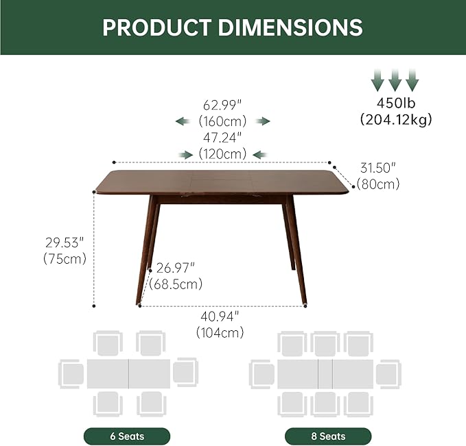 47’’-63’’ 100% Oak Extendable Dining Table and Chairs Set for 4, Solid Wood Folding Kitchen Table, Mid Century Modern Dinner Table for Kitchen, Apartment, Living Room (47''-63''+4 Cushion Chairs)