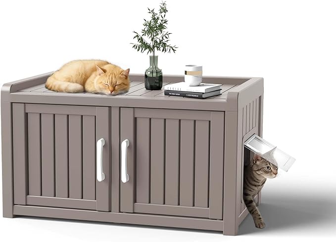 ROJIK Shoe Cabinet Waterproof UV-Resistant,Storage Bench Indoor Outdoor with Adjustable Shelves,for Entryway Bedroom,Hallway,Living Room(Double Door + Side Access,Grey)