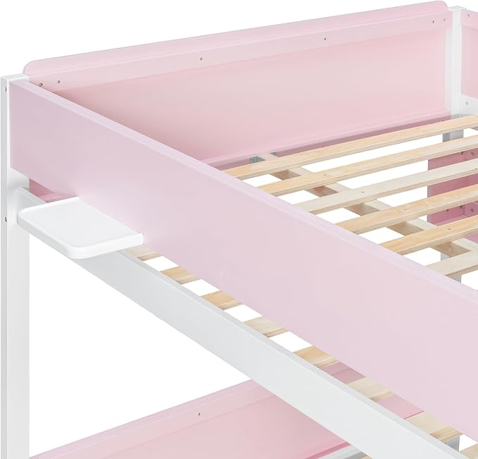 Wood Bunk Bed Full XL Over Queen with Staircase and Side Shelves | Light Strip Included, Striped-Design Stairs, Kids Teens Adults, Space-Saving Design, Versatile Bed Frame
