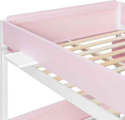 Wood Bunk Bed Full XL Over Queen with Staircase and Side Shelves | Light Strip Included, Striped-Design Stairs, Kids Teens Adults, Space-Saving Design, Versatile Bed Frame