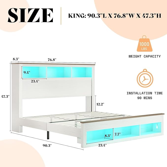 AMERLIFE 3-piece Farmhouse Bedroom Furniture Set, Includes 1 King LED Platform Bed Frame with Bookcase Storage Headboard, Footboard & Charging Station, and 2 Nightstands with Drawers, Distressed White