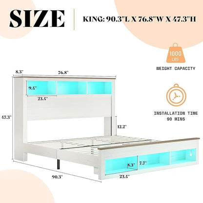AMERLIFE 3-piece Farmhouse Bedroom Furniture Set, Includes 1 King LED Platform Bed Frame with Bookcase Storage Headboard, Footboard & Charging Station, and 2 Nightstands with Drawers, Distressed White