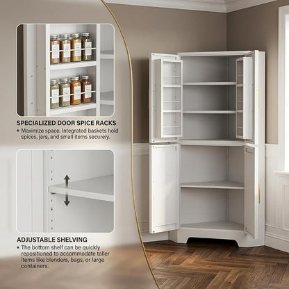 Corner Cabinet, Metal Storage, Kitchen Pantry Cabinet with Adjustable Shelves & Spice Rack, Tall Freestanding Corner Pantry with Shaker Doors & Gold Handles for Kitchen, Bathroom, Living Room (White)