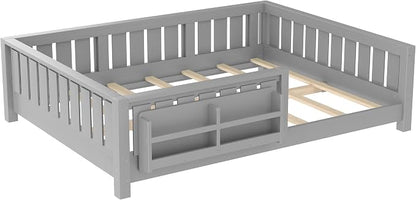Bellemave Full Size Floor Bed with high Rails and with Built-in Bookshelf for Kids, Girls, Boys, Wood Montessori Floor Bed Without Door, Gray