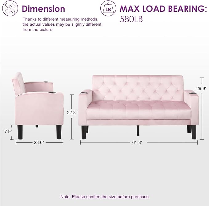 TYBOATLE Mid-Century Modern Tufted Pink Velvet Loveseat Sofa Set w/ 2 USB & 2 Cupholders, 2 Piece Living Room Furniture Sets, Small Love Seat Couches for Small Space Apartment Bedroom Office