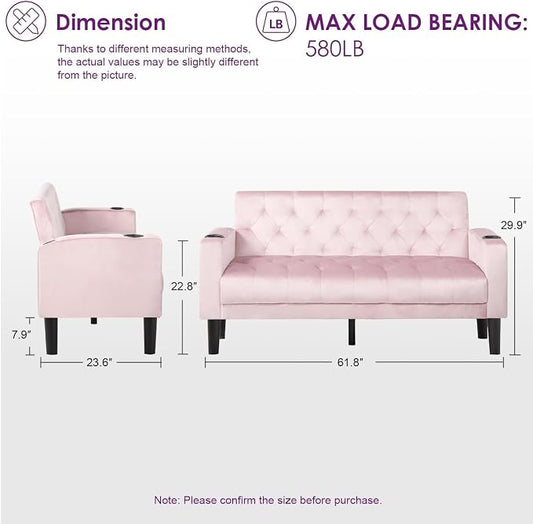 TYBOATLE Mid-Century Modern Tufted Pink Velvet Loveseat Sofa Set w/ 2 USB & 2 Cupholders, 2 Piece Living Room Furniture Sets, Small Love Seat Couches for Small Space Apartment Bedroom Office