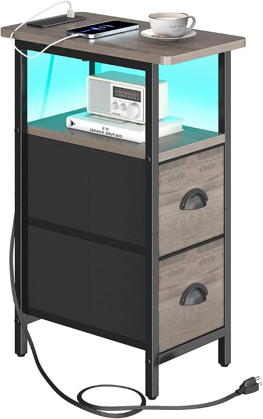 sthmec Narrow End Table with Charging Station, Narrow Side Table with 2 Fabric Drawers, LED End Table, Slim Nightstand with LED Light, Small Side Table for Small Spaces, Living Room, Bedroom, Grey