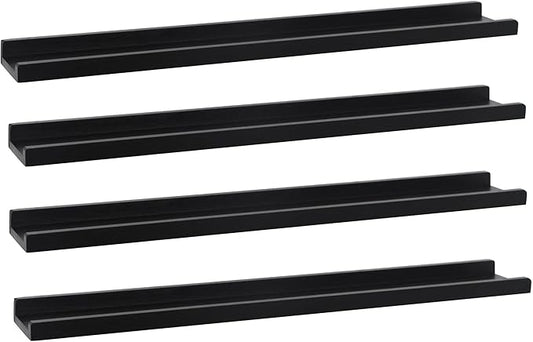 Long Floating Shelves 36 Inches Set of 4,Wood Picture Shelf for Wall with Ledge,Photo Frames Display Shelves Wall Mounted for Living Room Bedroom Kids Nursery,Home Decor (Rustic Black, 36")