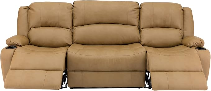 RecPro Charles 94" Powered Triple RV Wall Hugger Recliner Sofa with Drop Down Console, RV Furniture with Upgraded 2023 Suprima Leather Fabric Blend, Toffee