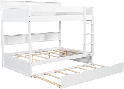Harper & Bright Designs Rustic Wood Bunk Bed with Pull-Out Trundle, Full Over Full Wooden Bunk Bed with Large Cabinet Beside Upper and Down Bed, White