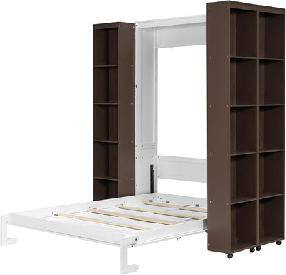 Queen Murphy Bed with Storage Doors, Space Saving Wall Bed Cabinet Hydraulic Lift Helps Raise and Lower the Bed, While Hidden Side Storage Keeps Bedding and Daily Essentials Organized