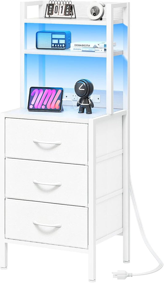 Fixwal Tall Nightstand with Charging Station, 41 Inch Led Night Stand with U-S-B Port & Socket, 3 PU Finished Fabric Storage Drawers, Office, Bed Side Table & Bookshelf in One, White
