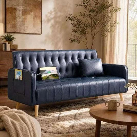 57” W Loveseat Sofa, Small Blue Faux Leather Couch w/USB Charging Ports & Pockets, Mid Century Modern Tufted Love Seat Couches, Mini Office Sofa Couch for Small Spaces, Bedroom, Apartment