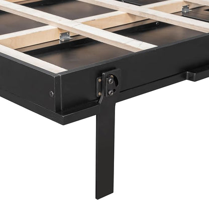Murphy Bed Queen Size,Murphy Bed with Storage & Lights,Wall Bedframe w/Hidden Fold-Out Legs & Built-in Shelves & Cabinets，Hook,Space-Saving,Black