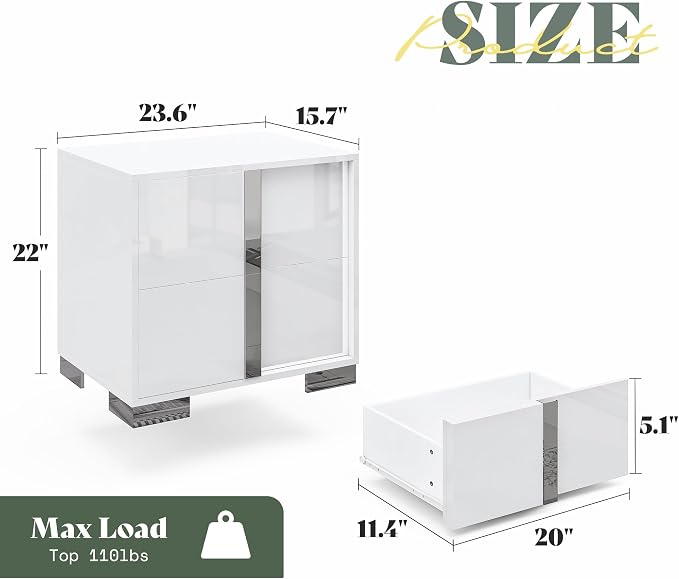 AMERLIFE 3 Piece Bedroom Set, Two 23.6" Nightstands & 6-Drawer Dresser, Silent Glide Drawers & Metal Handles, Modern High Gloss UV Finish, Dresser Set for Bedroom, White