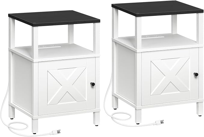 MAHANCRIS Set of 2 Farmhouse Nightstand with Charging Station, Barn Door End Table with USB Ports and Storage Cabinet, Bedside Table for Bedroom, Small Space, White and Black ETBW96E01S2