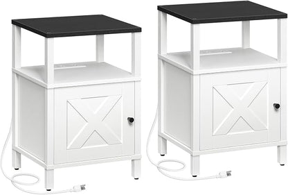 MAHANCRIS Set of 2 Farmhouse Nightstand with Charging Station, Barn Door End Table with USB Ports and Storage Cabinet, Bedside Table for Bedroom, Small Space, White and Black ETBW96E01S2