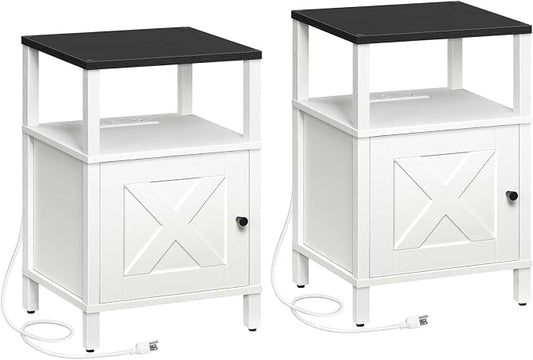MAHANCRIS Set of 2 Farmhouse Nightstand with Charging Station, Barn Door End Table with USB Ports and Storage Cabinet, Bedside Table for Bedroom, Small Space, White and Black ETBW96E01S2