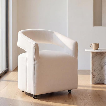 HNY 360° Swivel Chair with Wheels - Modern Linen Upholstered Fabric Barrel Dining Chair, Soft Rolling Kitchen Seating for Living Room, Makeup Vanity, Dining Room, Beige