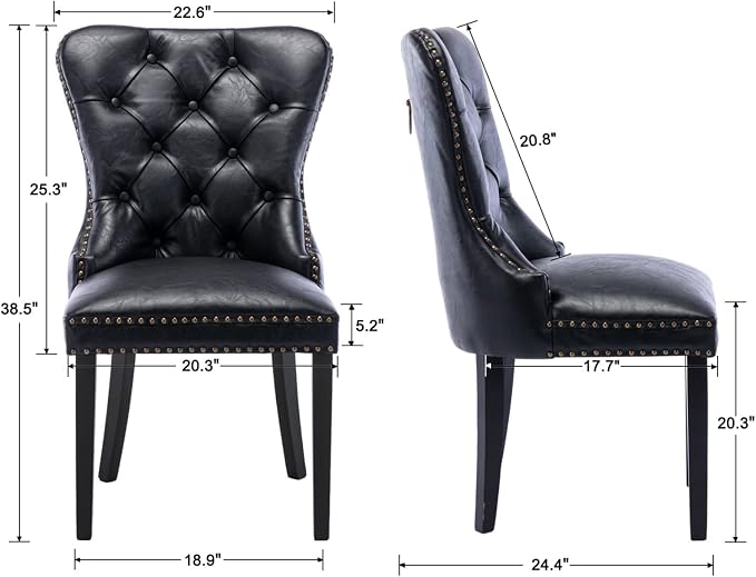 EALSON Modern Black Dining Chairs Set of 8 Mid Century Leather Dining Room Chairs with Wood Legs Tufted Upholstered Kitchen Side Chairs with Nail Head Trim for Dining Room/Living Room, Back with Ring