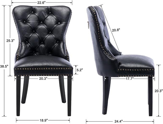 EALSON Modern Black Dining Chairs Set of 2 Mid Century Leather Dining Room Chairs with Wood Legs Tufted Upholstered Kitchen Side Chairs with Nail Head Trim for Dining Room/Living Room, Back with Ring
