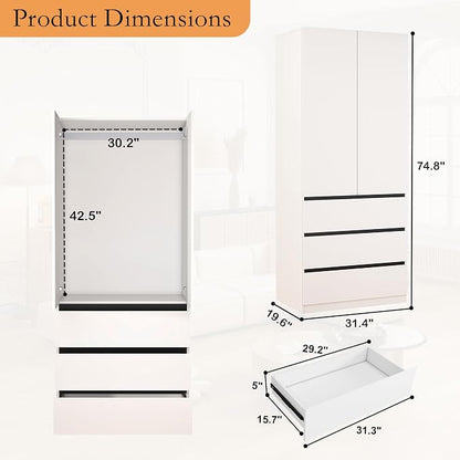 Armoire Wardrobe Closet with Drawers：75" Large White Wardrobe Closet Cabinet with 2 Doors for Hanging Clothes, Modern Wooden Bedroom Armoires with 3 Drawers and Storage (B-Style, 31.5")