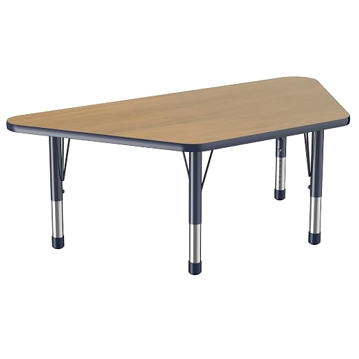 Factory Direct Partners FDP Trapezoid (30 x 60 inch) Classroom Table with Adjustable Chunky Toddler Legs (15-24 in) Preschool, Kinder and Daycare Furniture - Pasadena Oak Top/Navy Edge and Legs