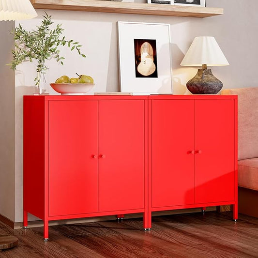 2 Door Metal Accent Storage Cabinet for Home, Living Room, Office Room,Kitchen-Metal Locker Cabinet with 1 Adjustable Shelves-2-Tier (Small 2 Door Cabinet, red)