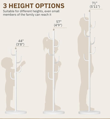 MISSLO Heavy Duty Coat Rack Freestanding 4 Adjustable Size Coat Tree with Stable Wood Base Coat Hanger Stand with 6 Hooks Standing Clothes Tree for Bedroom, White
