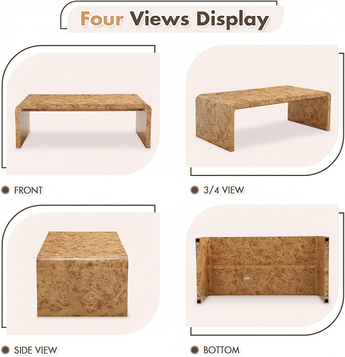 Hyfirm 47" Mid Century Modern Burl Wood Coffee Table, Rectangular Waterfall Center Table for Living Room, Minimalist Large Sofa Table with Rounded Edges & Sturdy Curved Legs, Easy Assembly