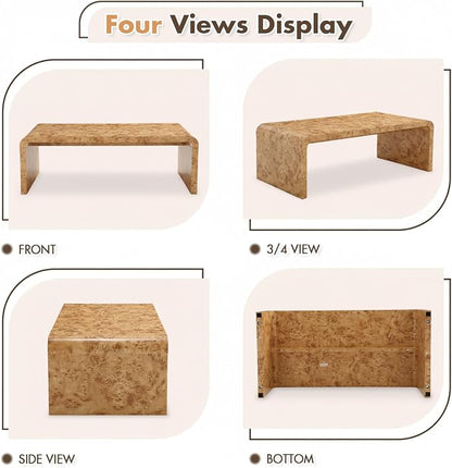 Hyfirm 47" Mid Century Modern Burl Wood Coffee Table, Rectangular Waterfall Center Table for Living Room, Minimalist Large Sofa Table with Rounded Edges & Sturdy Curved Legs, Easy Assembly