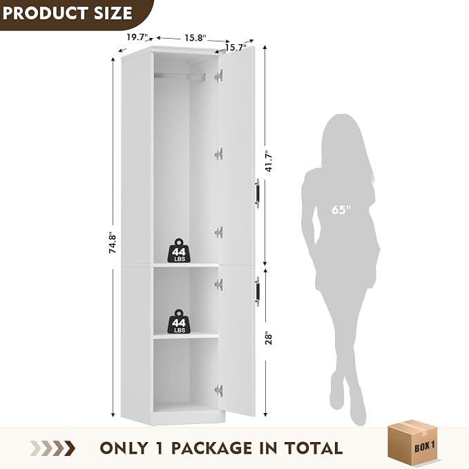 MEISSALIVVE Armoire Wardrobe Closet with 2 Door & Shelves, 74.8" Large Wardrobe Cabinet with Hanging Rod, Freestanding Modern Bedroom Armoire Storage Cabinet, White