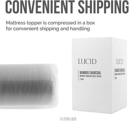 Lucid 2 Inch Bamboo Charcoal Infused Memory Foam Mattress Topper - Full Size – Moisture and Odor Control - Ventilated - Plush Feel, Pressure-Relieving Bed Topper – CertiPur Certified
