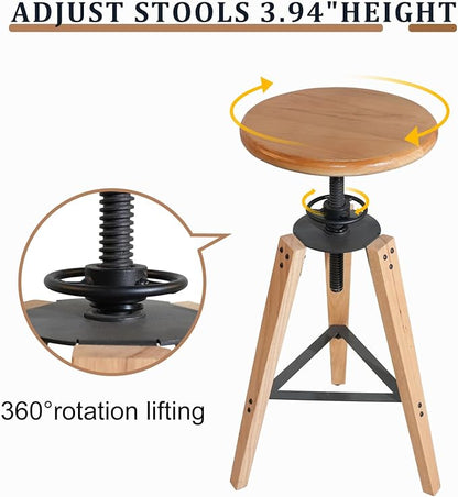 4-Piece Adjustable Height Swivel Bar Stool - Industrial Rustic Style, Solid Oak Wood Seat and Frame, 24.8"-28.7", Natural Finish, Anti-Slip Pads - Perfect for Kitchen, Bar, Counter, Home - Heavy Duty