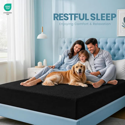 Queen Size Mattress Protector Waterproof, Premium 200 GSM Terry Mattress Cover, Soft & Breathable Bed Cover, Fitted Sheet Style Stretchable Deep Pockets 17" by Utopia Bedding (Black)