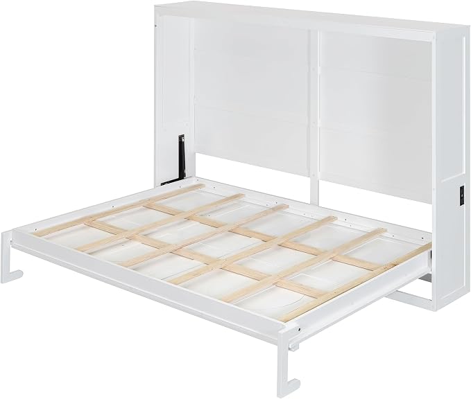 Ball & Cast Queen Size Murphy Bed with Charging Station and Slat Support,Wood Hideaway Cabinet Platform Beds w/Leg & Lock,can be Folded,Space-Saving,for Small Room,Dorms,White