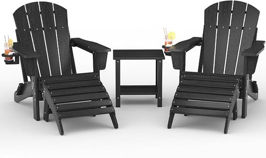 Garvee Folding Adirondack Chair Set of 5, HDPE Outdoor Patio Chair with Cup Holder, All Weather Resistent Wooden Textured for patios, Decks, Gardens, fire Pit, Black
