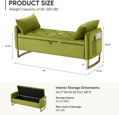 48" End of Bed Bench, Modern Storage Benches with Button-Tufted, Velvet Upholstered Storage Ottoman Bench for Foot of Bed with Arms, Gold Legs Window and Entryway, Olive Green