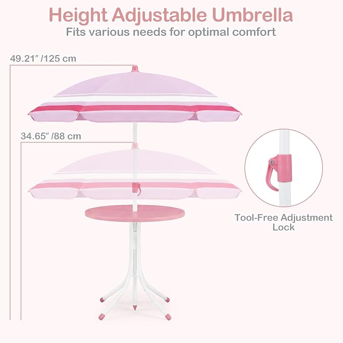Olakids Kids Picnic Table, Outdoor Toddler Patio Furniture Set with 2 Folding Chairs Adjustable Foldable Umbrella for Garden Backyard Beach (Pink)