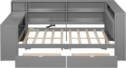 Bellemave Full Corner Bed with Storage Shelves and Desk, Upholstered Headboard Daybed with Bookcase and Drawers，Daybed with Storage, Grey+ Grey Cushion